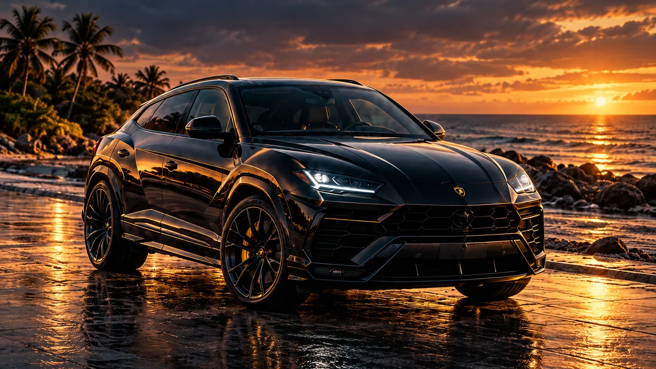 Lamborghini Urus negro en una playa de Cancún al atardecer, foto ilustrativa